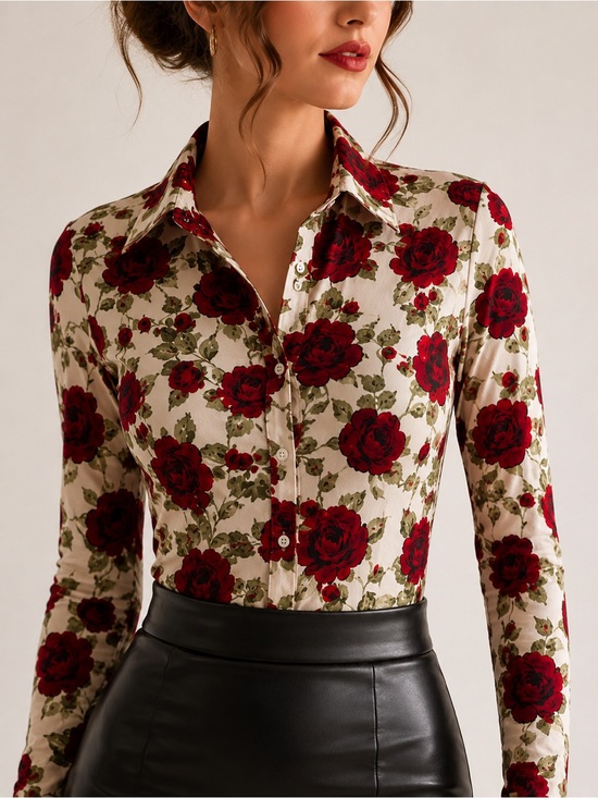 Dioufond Tops - Cream Cotton Blouse with Red Rose Print and Collared Button Front